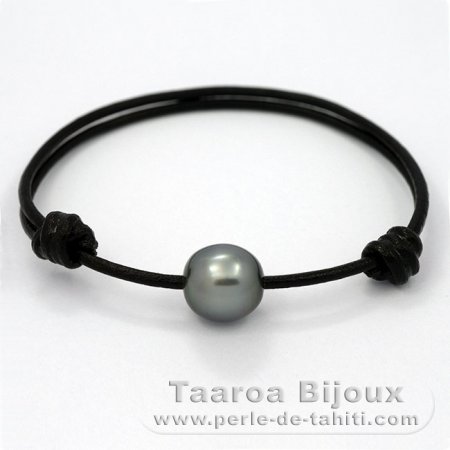 Bracelete em Couro e 1 Prola do Tahiti Semi-Barroca C 11.8 mm