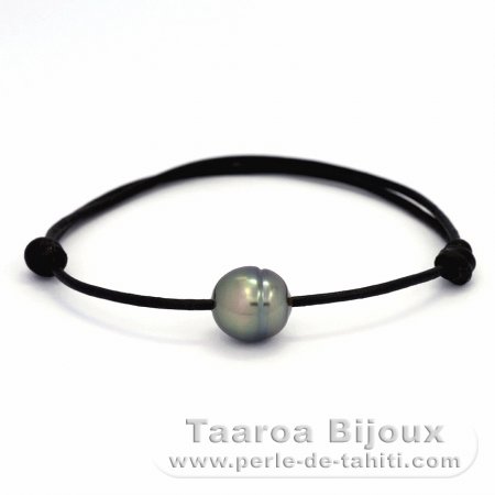 Pulseira em Couro e 1 Prola do Tahiti Anelada C 10.5 mm