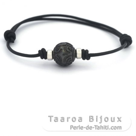 Pulseira em Couro e 1 Prola do Tahiti Gravada 11 mm