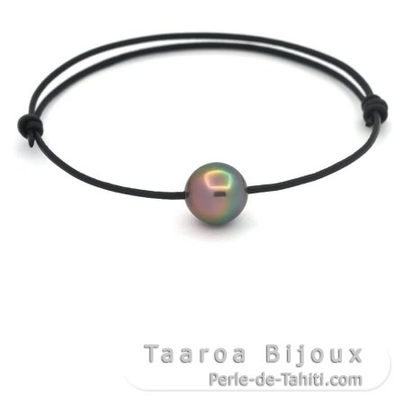 Pulseira em Couro e 1 Prola do Tahiti Semi-Redonda B 9.5 mm