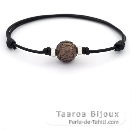 Pulseira em Couro e 1 Prola do Tahiti Gravada 12.4 mm