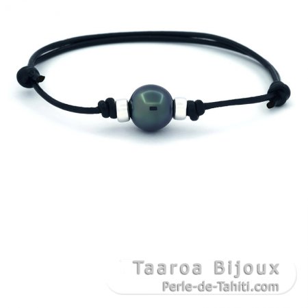 Pulseira em Couro e 1 Prola do Tahiti Semi-Barroca C 11.8 mm